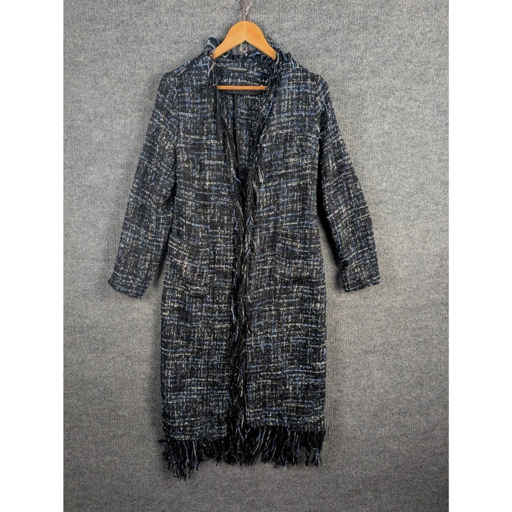 Boston Proper Duster Long Sweater Textured Fringe Coat Blue Metallic Black 6